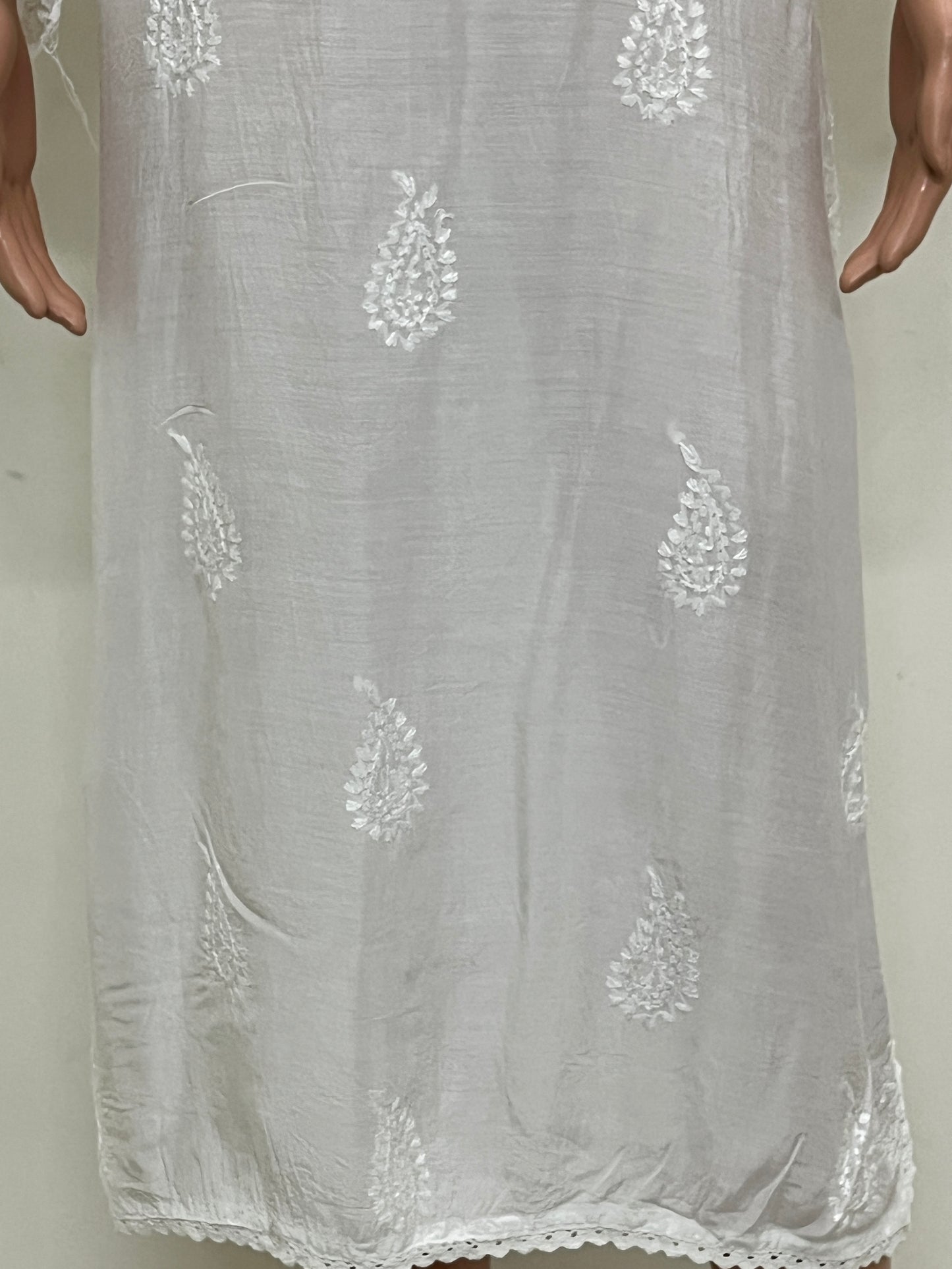 Muslin Chikankari Solid Women's Long Kurta - White