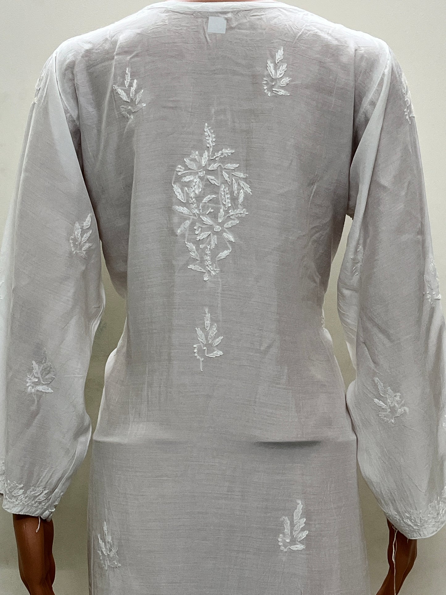 Muslin Chikankari Solid Women's Long Kurta - White