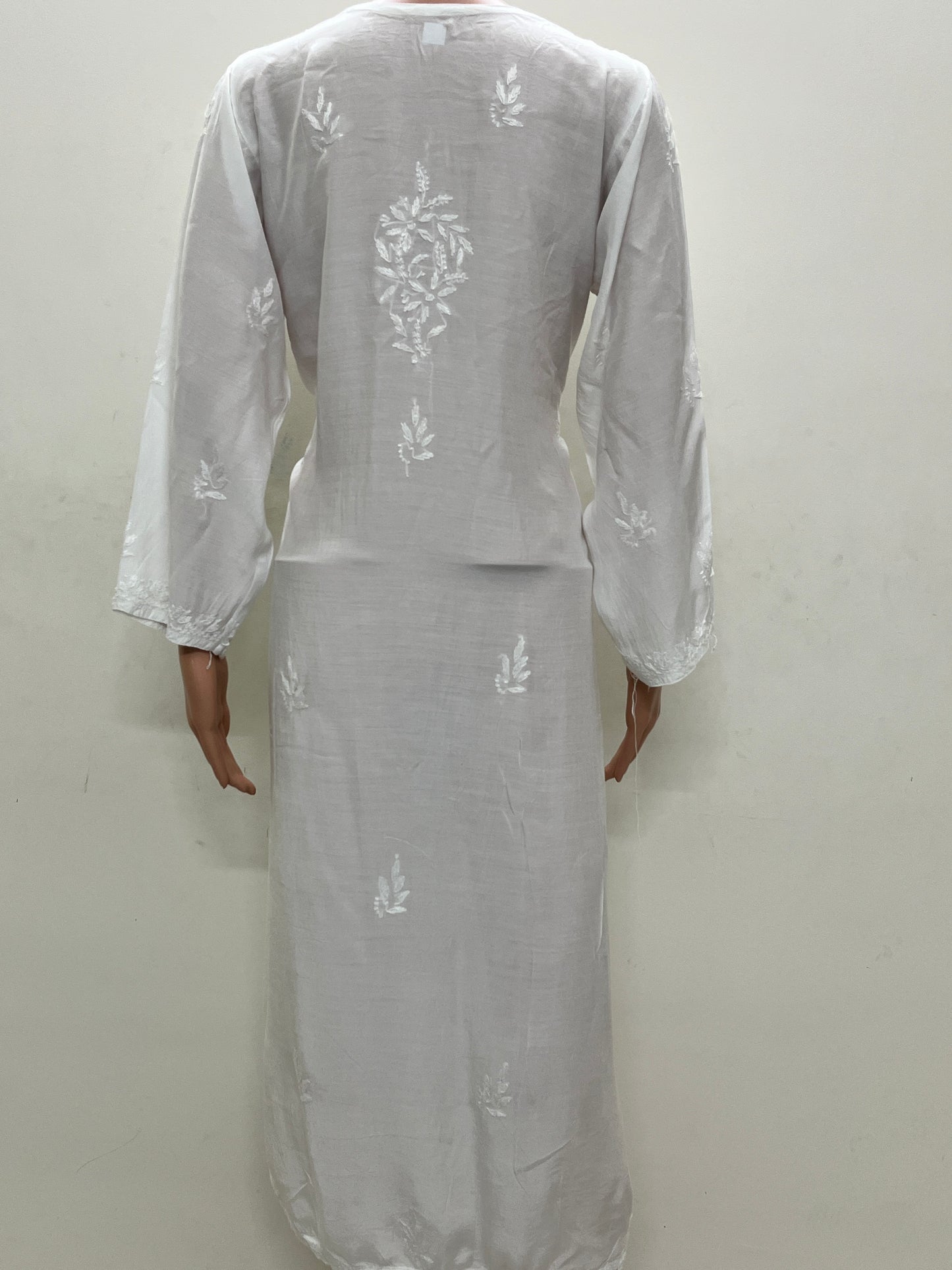 Muslin Chikankari Solid Women's Long Kurta - White