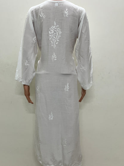 Muslin Chikankari Solid Women's Long Kurta - White