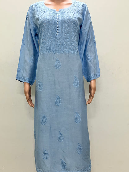Muslin Chikankari Solid Women's Long Kurta - Blue