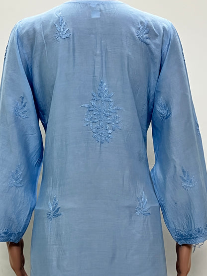 Muslin Chikankari Solid Women's Long Kurta - Blue
