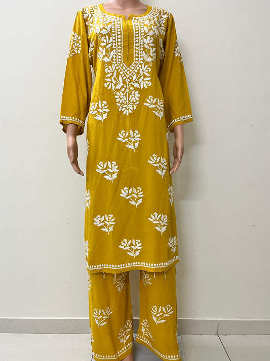 Modal Chikankari Solid Women's 2PC Long Kurta Set- Yellow