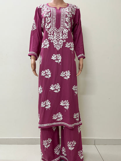 Modal Chikankari Solid Women's 2PC Long Kurta Set- Pink