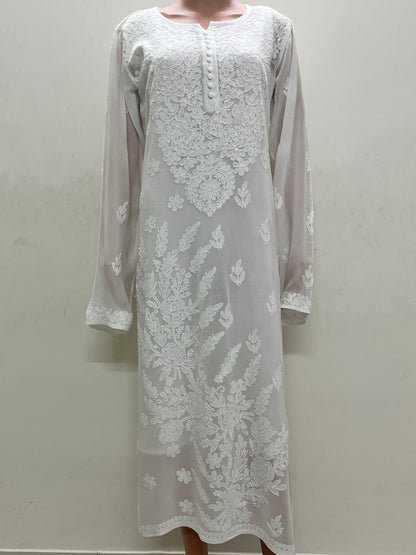 Viscose Chikankari Solid Women's Long Kurta with Inner - White