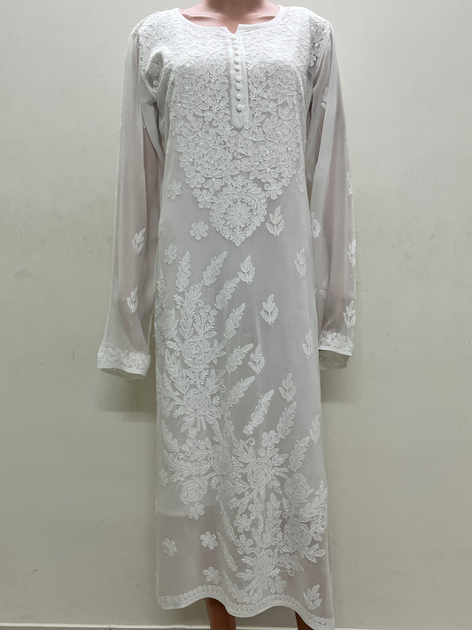 Viscose Chikankari Solid Women's Long Kurta with Inner - White