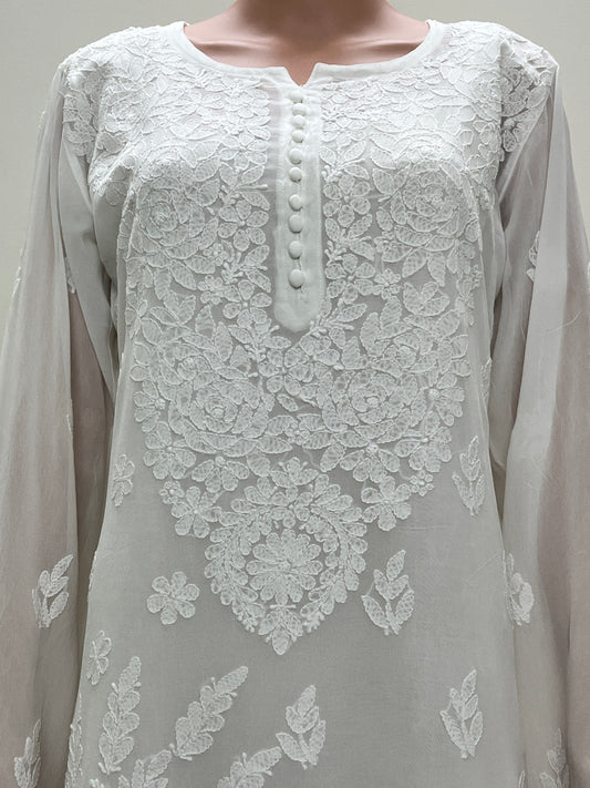 Viscose Chikankari Solid Women's Long Kurta with Inner - White