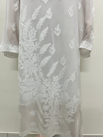 Viscose Chikankari Solid Women's Long Kurta with Inner - White