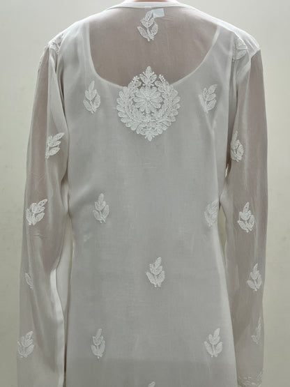 Viscose Chikankari Solid Women's Long Kurta with Inner - White