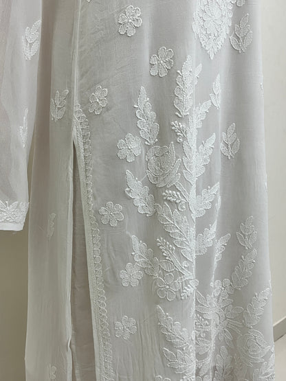 Viscose Chikankari Solid Women's Long Kurta with Inner - White