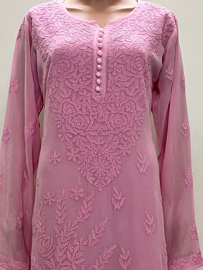 Viscose Chikankari Solid Women's Long Kurta with Inner - Pink