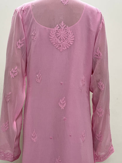 Viscose Chikankari Solid Women's Long Kurta with Inner - Pink