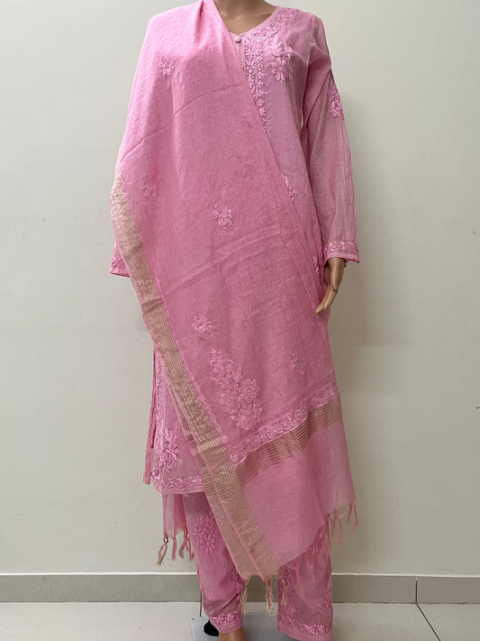 Mal Chanderi 4PC Heavy Chikankari Suit with Mukesh - Pink