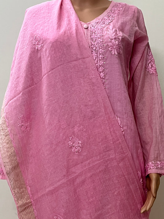Mal Chanderi 4PC Heavy Chikankari Suit with Mukesh - Pink