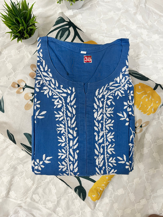 Cotton Chikankari Solid Women's Long Kurta - Blue