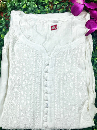 Muslin Chikankari Solid Women's Long Kurta - White