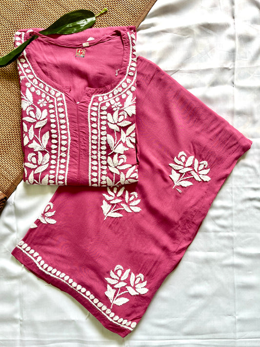 Modal Chikankari Solid Women's 2PC Long Kurta Set- Pink
