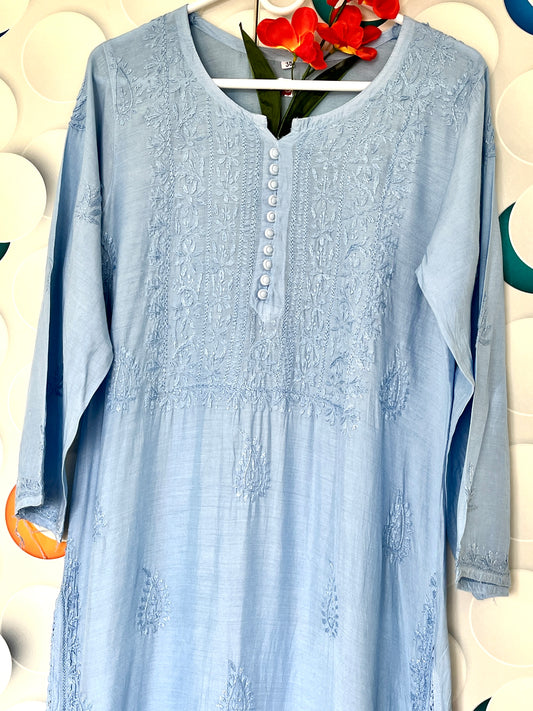 Muslin Chikankari Solid Women's Long Kurta - Blue