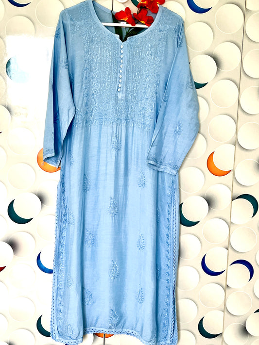 Muslin Chikankari Solid Women's Long Kurta - Blue