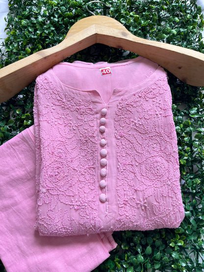 Viscose Chikankari Solid Women's Long Kurta with Inner - Pink