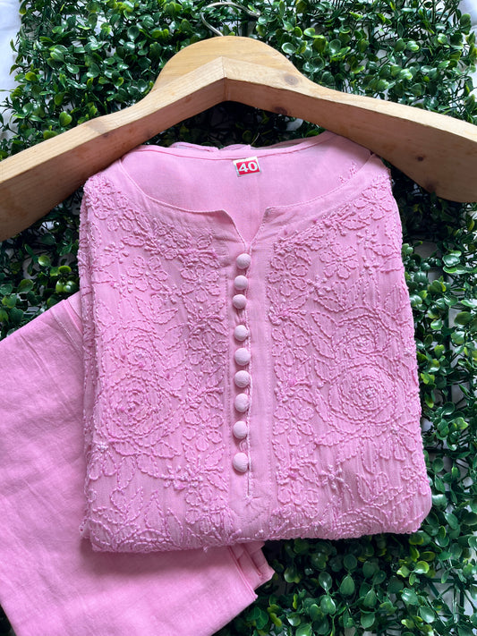Viscose Chikankari Solid Women's Long Kurta with Inner - Pink