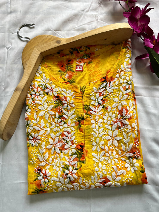 Mul Cotton Chikankari Printed Women's Long Kurta - Yellow