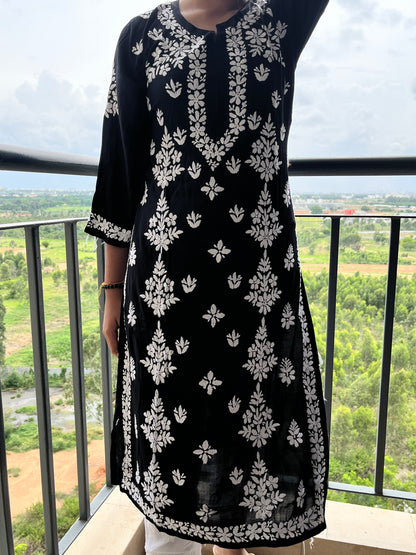 Modal Side Pannel Chikankari Women's Long Kurta - Black