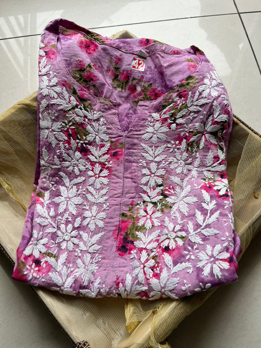 Mul Cotton Chikankari Printed Women's Long Kurta - Pink