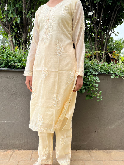 Mal Chanderi 4PC Heavy Chikankari Suit with Mukesh - Beige