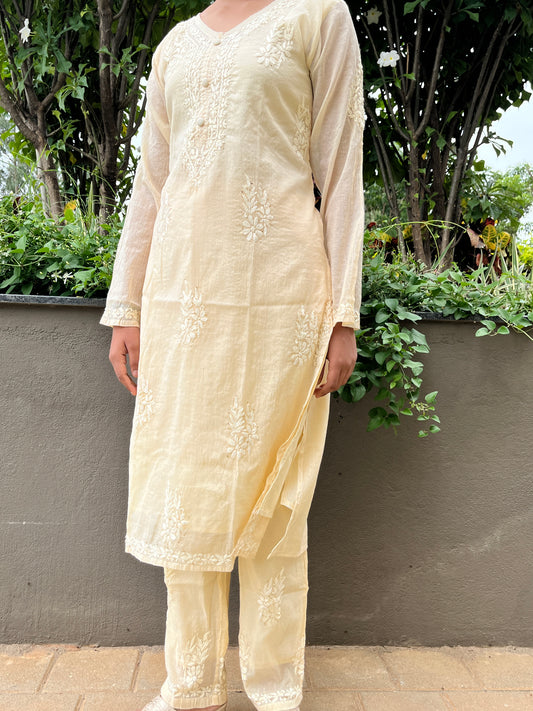 Mal Chanderi 4PC Heavy Chikankari Suit with Mukesh - Beige
