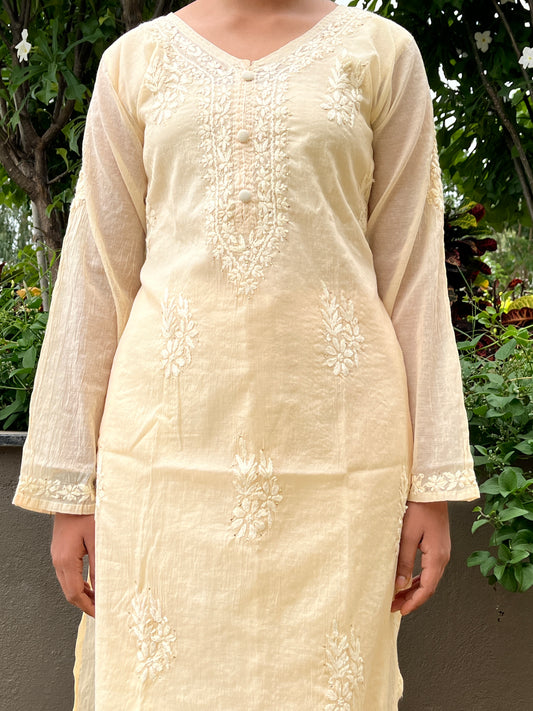 Mal Chanderi 4PC Heavy Chikankari Suit with Mukesh - Beige