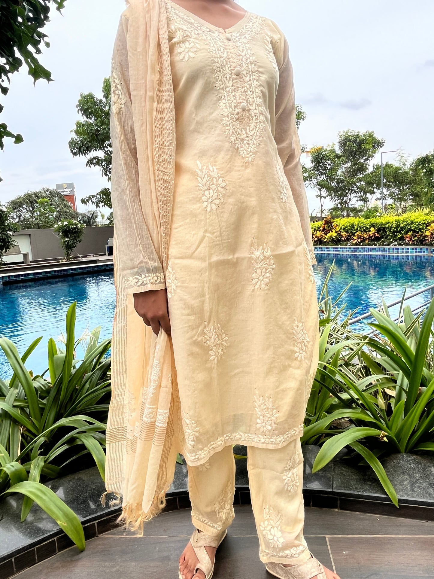 Mal Chanderi 4PC Heavy Chikankari Suit with Mukesh - Beige