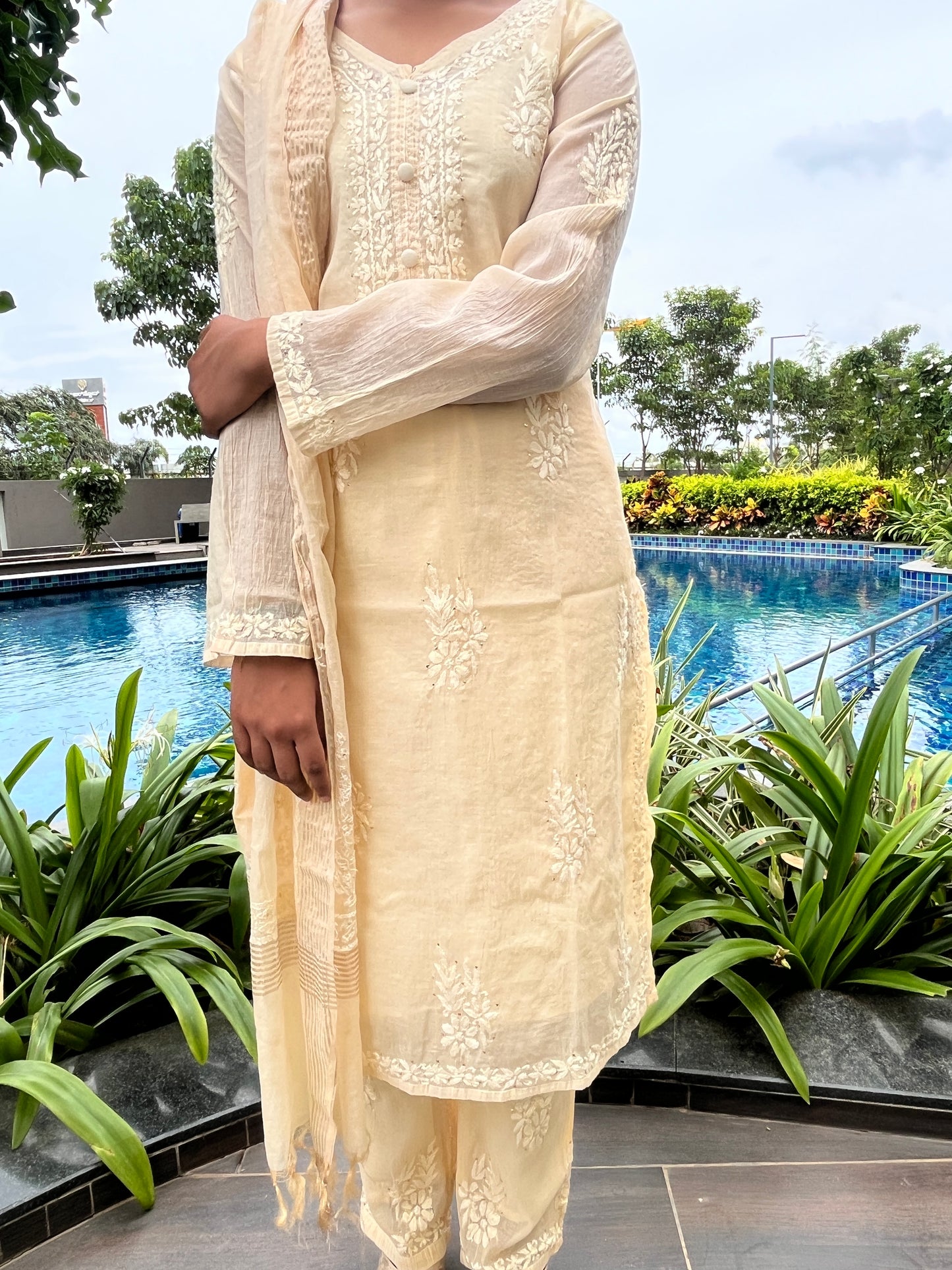 Mal Chanderi 4PC Heavy Chikankari Suit with Mukesh - Beige