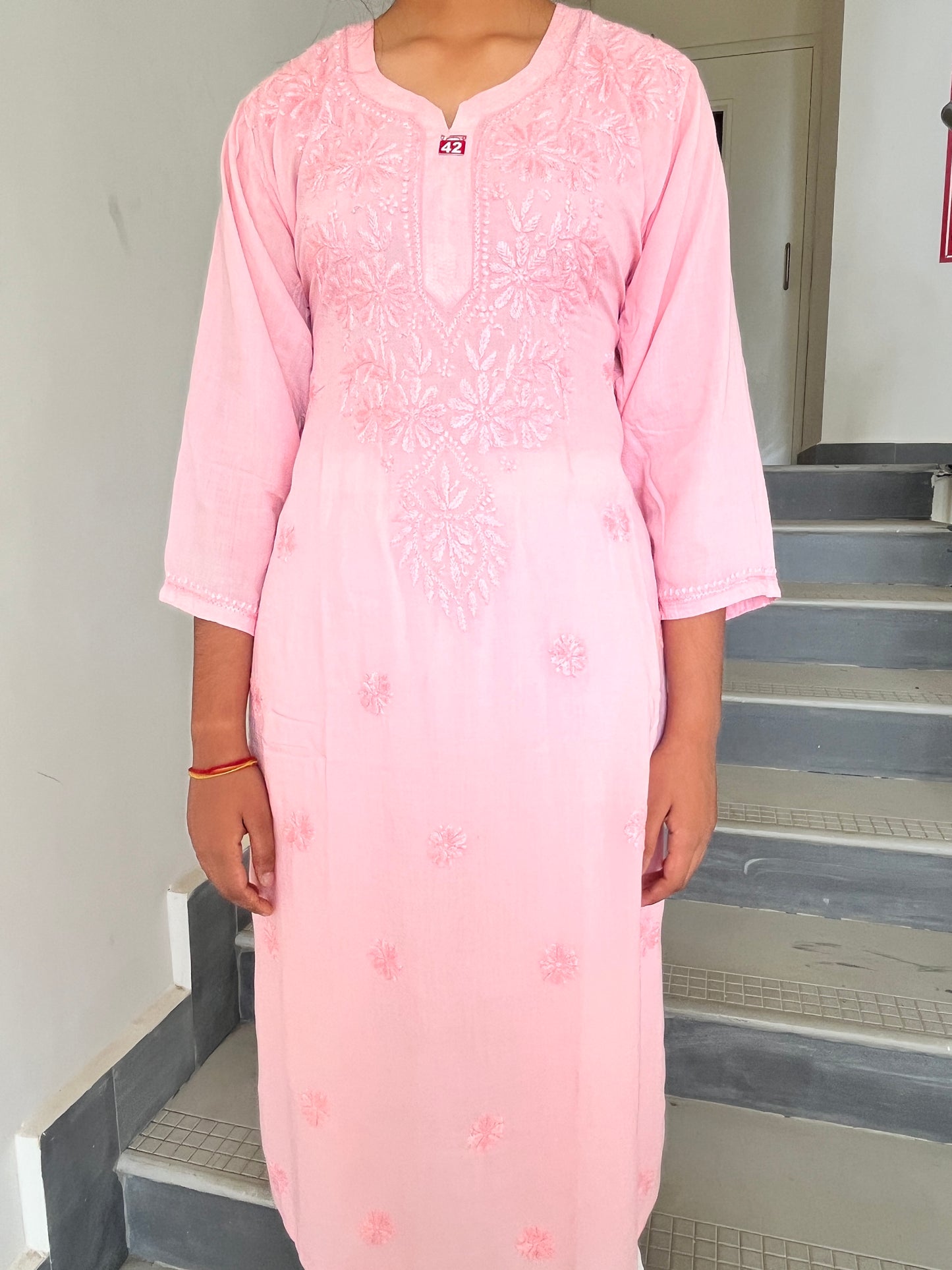 Modal Chikankari Women's Long Kurta - Peach