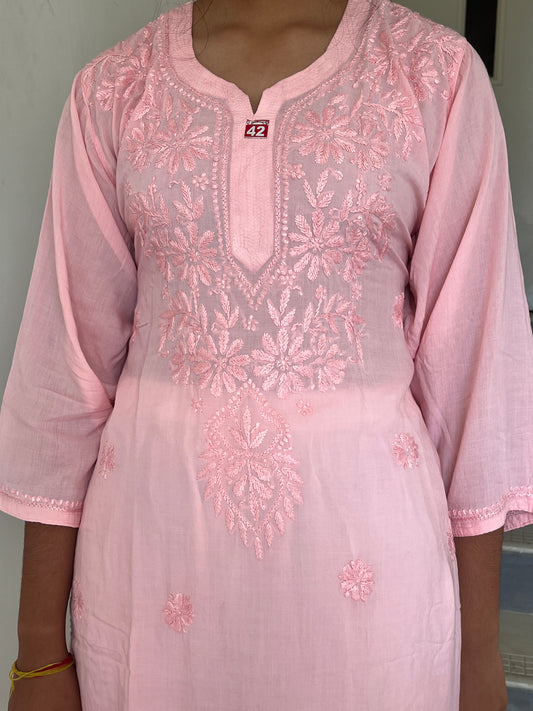 Modal Chikankari Women's Long Kurta - Peach