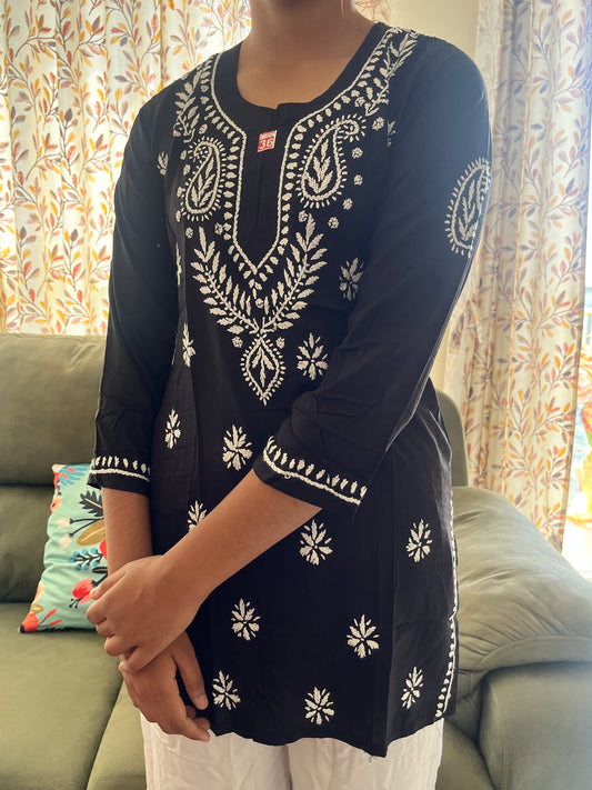 Modal Chikankari Women's Short Kurta - Black