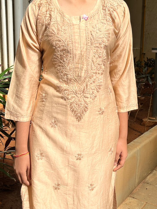 Chanderi Chikankari Solid Women's Long Kurta - Beige