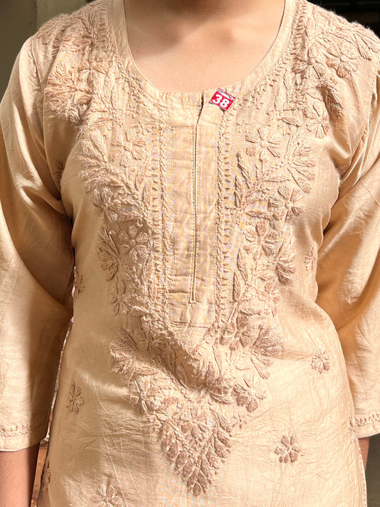 Chanderi Chikankari Solid Women's Long Kurta - Beige