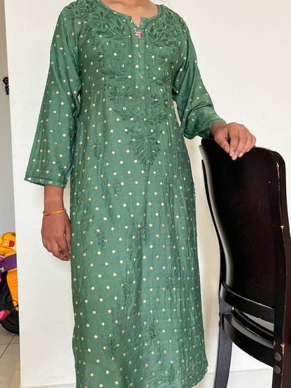 Chanderi Banarasi Dot Chikankari Solid Women's Long Kurta - Green