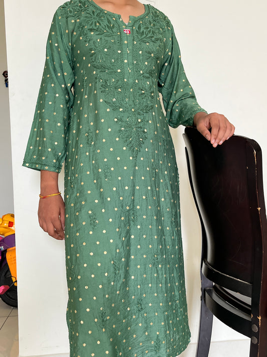 Chanderi Banarasi Dot Chikankari Solid Women's Long Kurta - Green