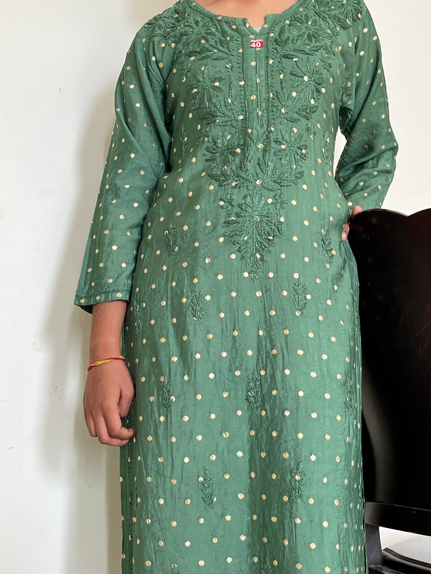 Chanderi Banarasi Dot Chikankari Solid Women's Long Kurta - Green
