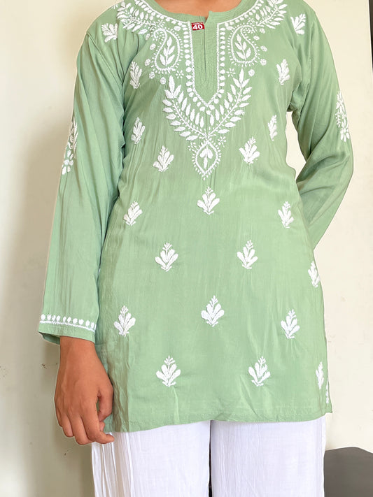 Modal Chikankari Women's Short Kurta - Green