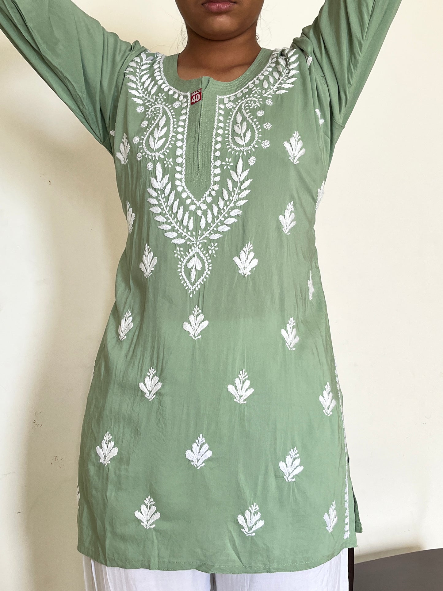 Modal Chikankari Women's Short Kurta - Green