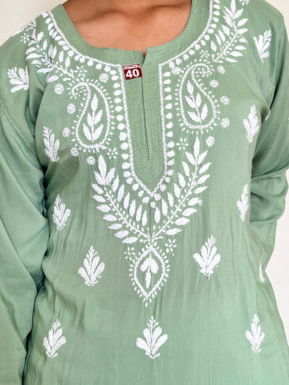 Modal Chikankari Women's Short Kurta - Green