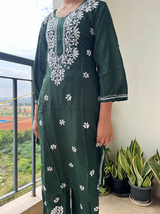 Reyon Chikankari Solid Women's 2PC Long Kurta Set- Green