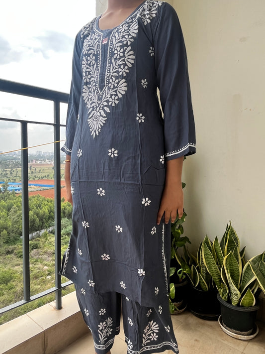Reyon Chikankari Solid Women's 2PC Long Kurta Set- Gray