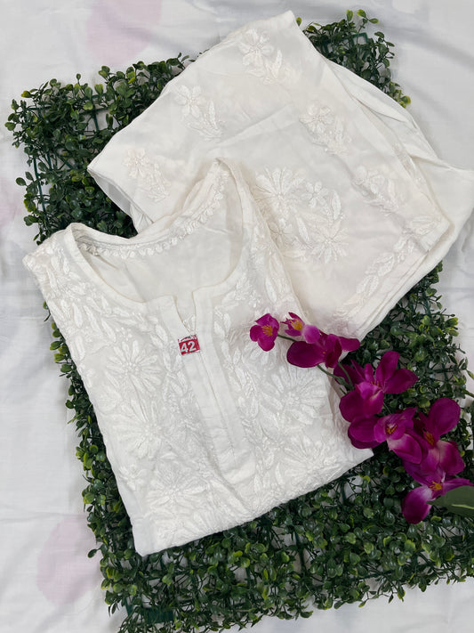 Reyon Chikankari Solid Women's 2PC Long Kurta Set- White