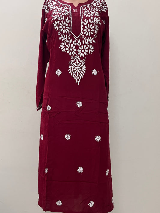 Modal Chikankari Women's Long Kurta - Maroon