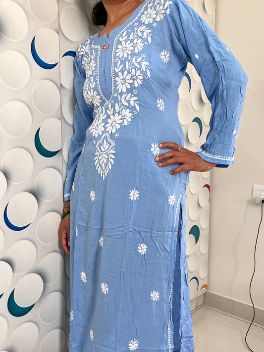 Modal Chikankari Women's Long Kurta - Blue