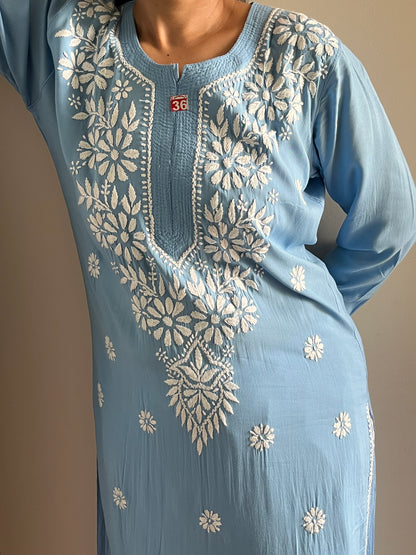 Modal Chikankari Women's Long Kurta - Blue